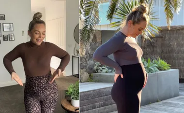 A woman in a brown top shows her baby bump indoors and outdoors with a palm plant in the background.