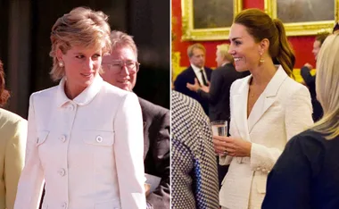 Two women in white outfits at separate events, one outdoors and one indoors holding a drink, with others around.