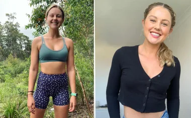 Two images of a smiling woman: left in workout clothes outdoors, right in a black top indoors.