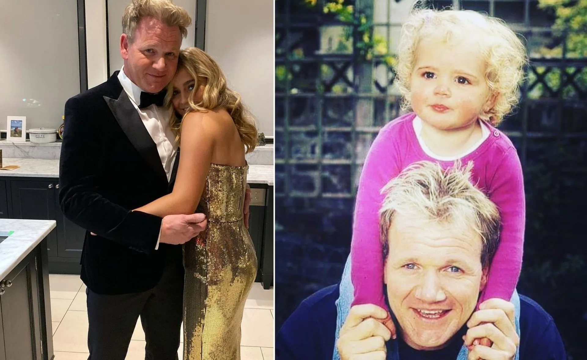 Father and daughter hugging in evening attire; a child on a man's shoulders in the second image.