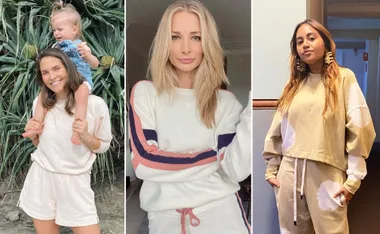 Three women wearing athleisure outfits; one holds a child, another poses indoors, and the third stands with hands in pockets.