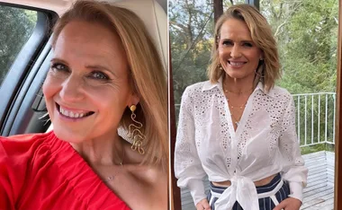 Two side-by-side images of a woman smiling, wearing a red top in a car, and a white blouse with trees in the background.