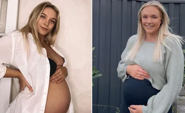 Pregnant woman with long blonde hair, wearing a white shirt in one image, and a light sweater in another, cradling her belly.