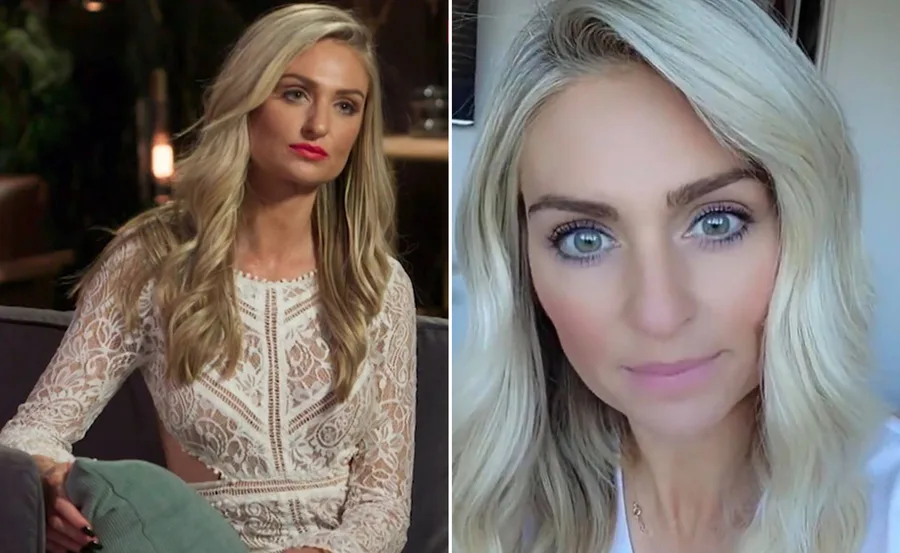 Blonde woman with long wavy hair in a lace dress on left and close-up selfie on right.