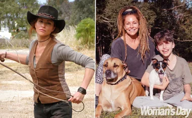 Two images side by side: woman in cowboy attire with whip; woman with long hair sitting outdoors with a boy and two dogs.