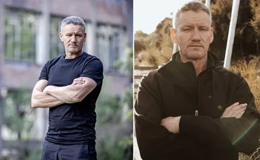 Man in black clothes with arms crossed, outdoors. Two images side by side showcasing different backgrounds.
