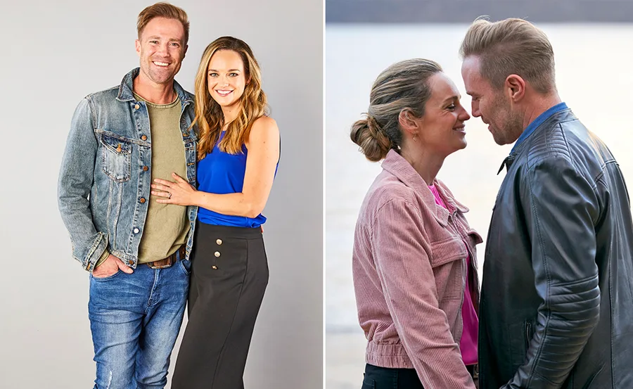 Couple smiling and posing indoors; same couple facing each other outdoors.