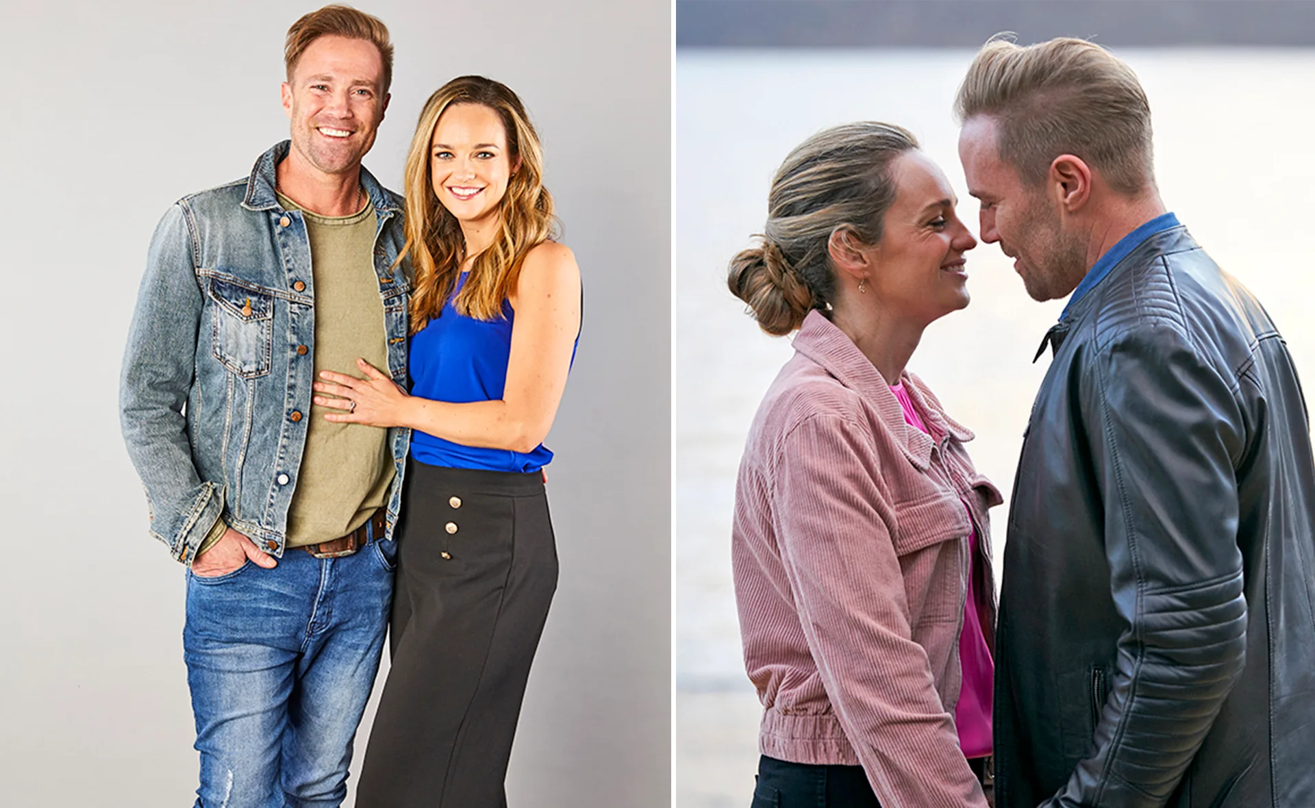 Couple smiling and posing indoors; same couple facing each other outdoors.