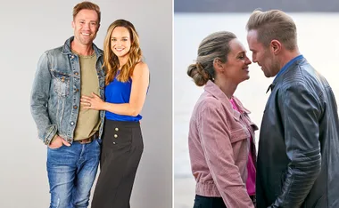 Couple smiling and posing indoors; same couple facing each other outdoors.