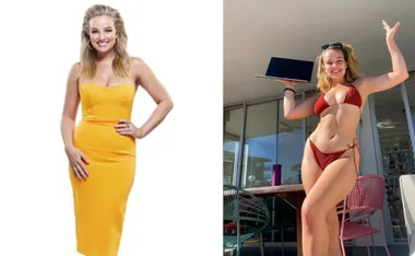 Woman in a yellow dress on left; same woman in a red bikini holding a laptop on right, outdoors.