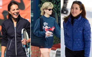Three women in casual outfits. Left: dark jacket with tennis racket, center: sweatshirt and sunglasses, right: blue quilted jacket.
