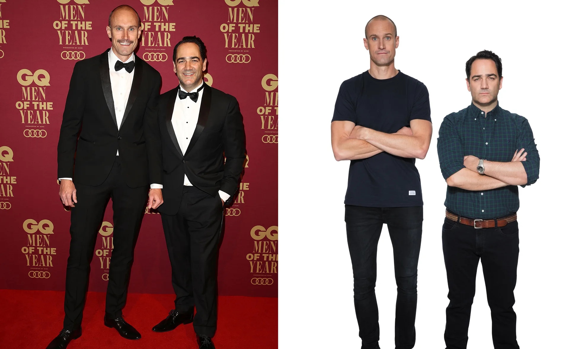 Two men posing together; one in a tuxedo, the other in casual wear; GQ Men of the Year event backdrop.