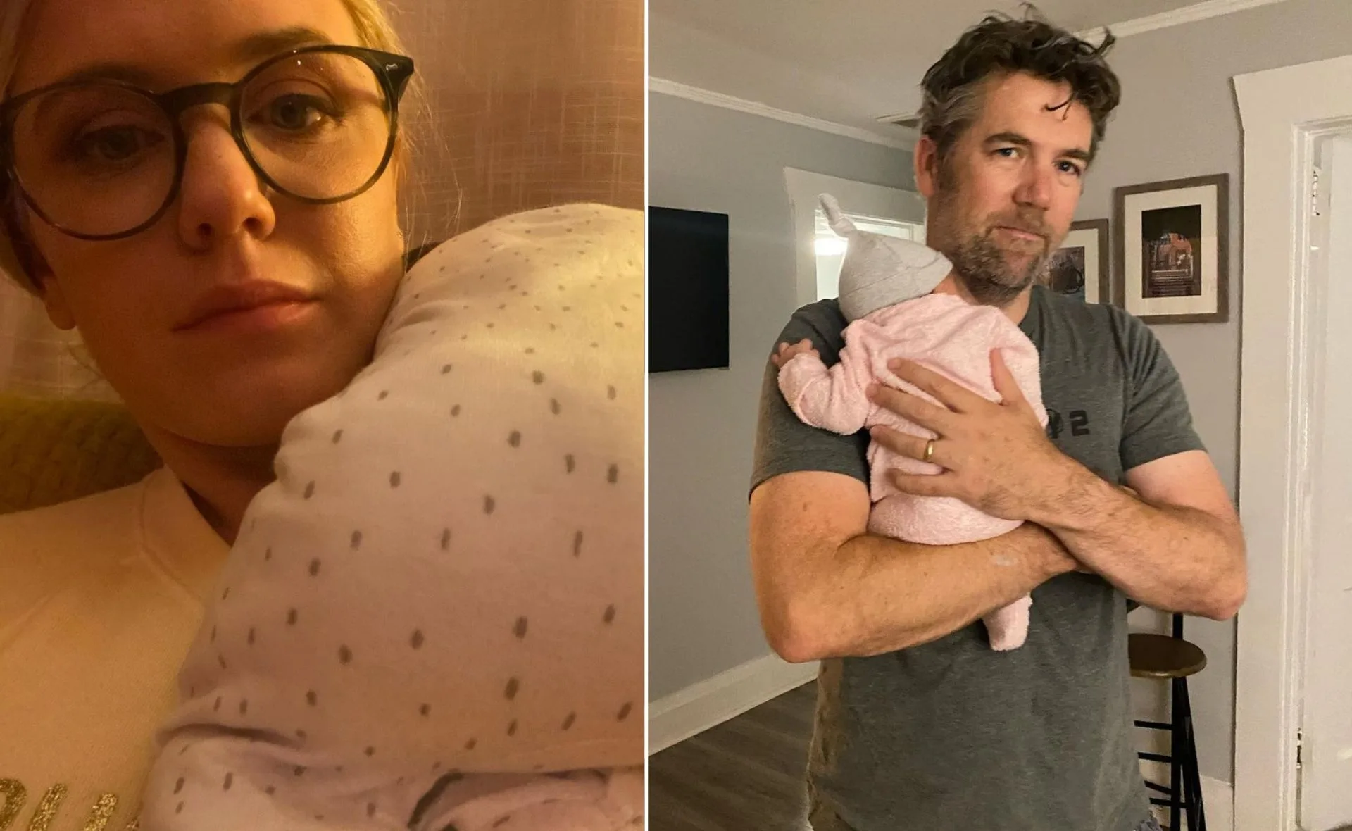 A man and woman each hold a baby, capturing a tender moment at home.
