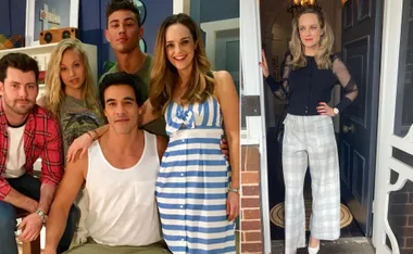 Penny McNamee with cast members, smiling in blue striped dress; solo shot in black top and plaid pants by a door.