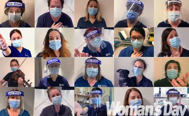 A collage of healthcare workers wearing masks and face shields, posing and smiling, with some holding pets or instruments.