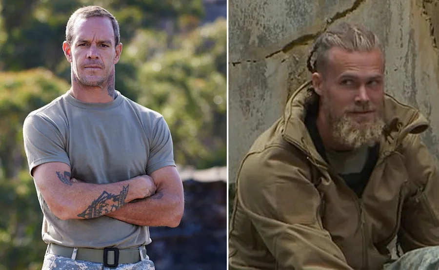 Two men outdoors, one in a green shirt with tattoos, the other with a bearded look in a brown jacket.