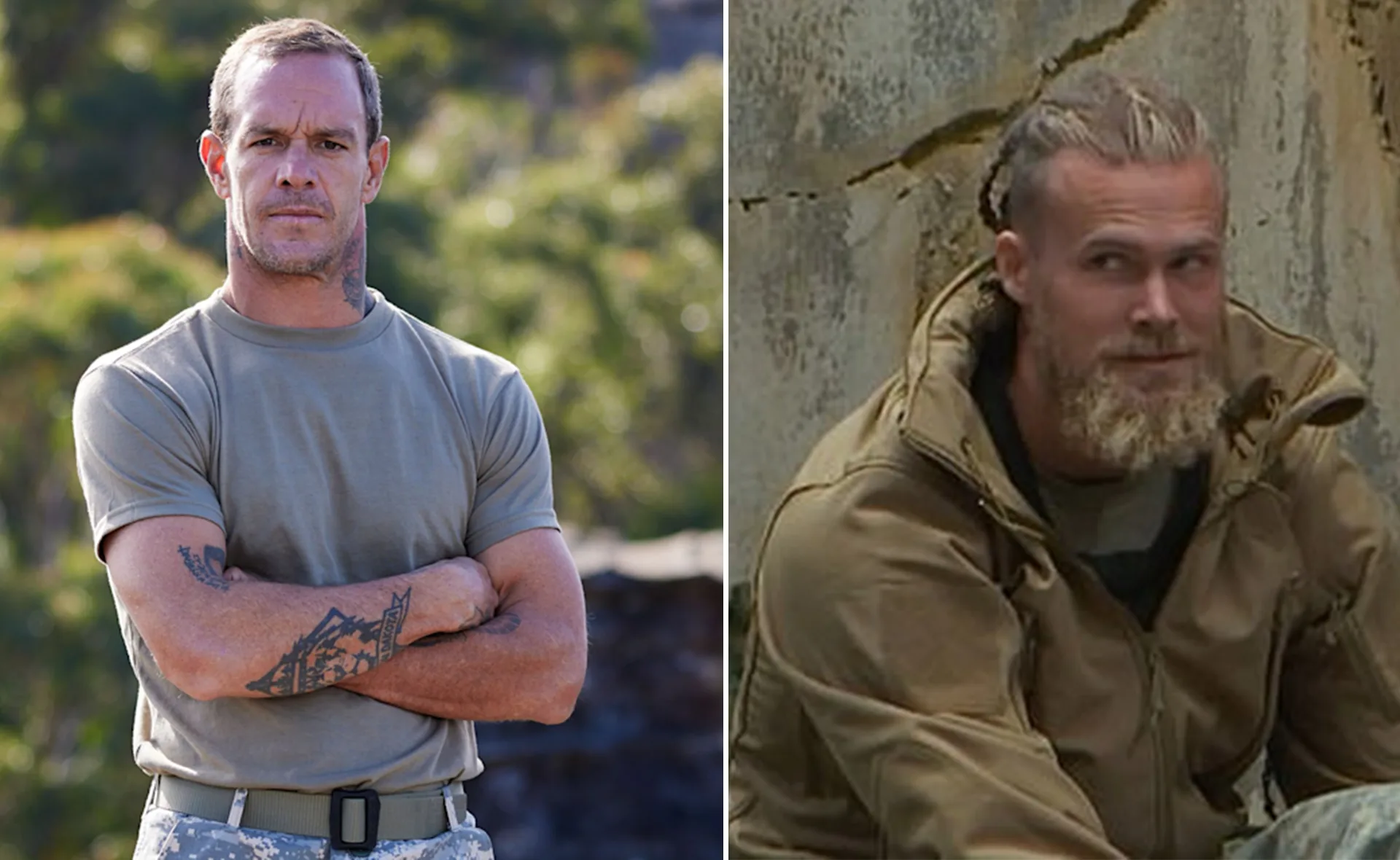 Two men outdoors, one in a green shirt with tattoos, the other with a bearded look in a brown jacket.