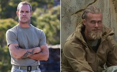 Two men outdoors, one in a green shirt with tattoos, the other with a bearded look in a brown jacket.