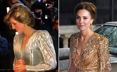Two women in elegant dresses: one in metallic silver, the other in shimmering gold, posing at events with photographers.