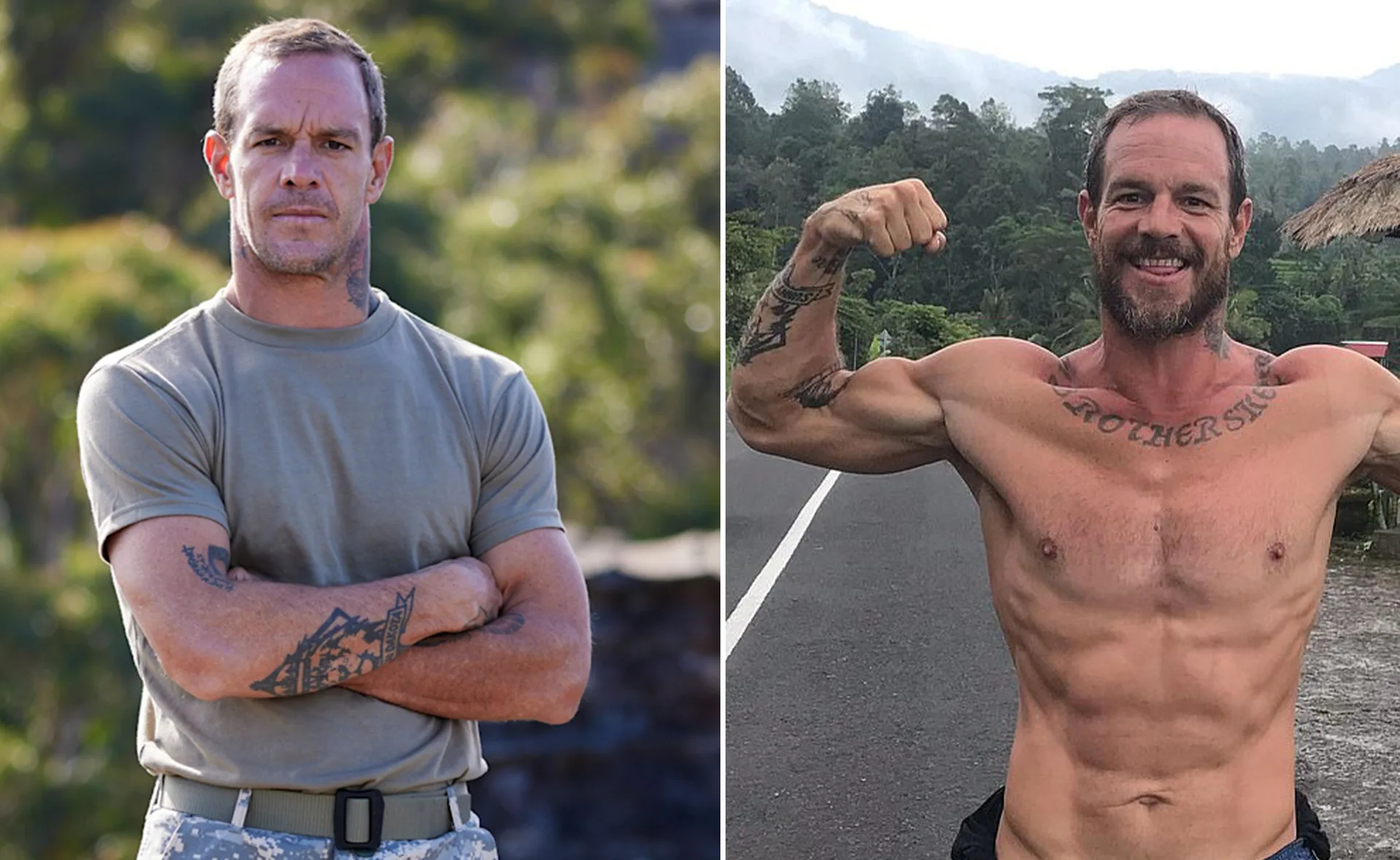 Man with tattoos, wearing a t-shirt, next to a shirtless muscular man flexing outdoors.