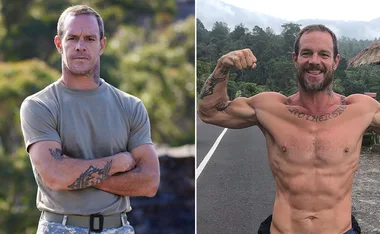 Man with tattoos, wearing a t-shirt, next to a shirtless muscular man flexing outdoors.