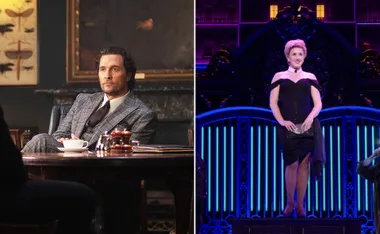 Actor in a suit sits at a table; actress in a black dress performs on stage with a vibrant backdrop.