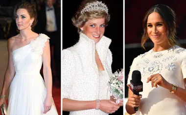 "Three women in elegant white dresses, one holding flowers, one with a microphone."