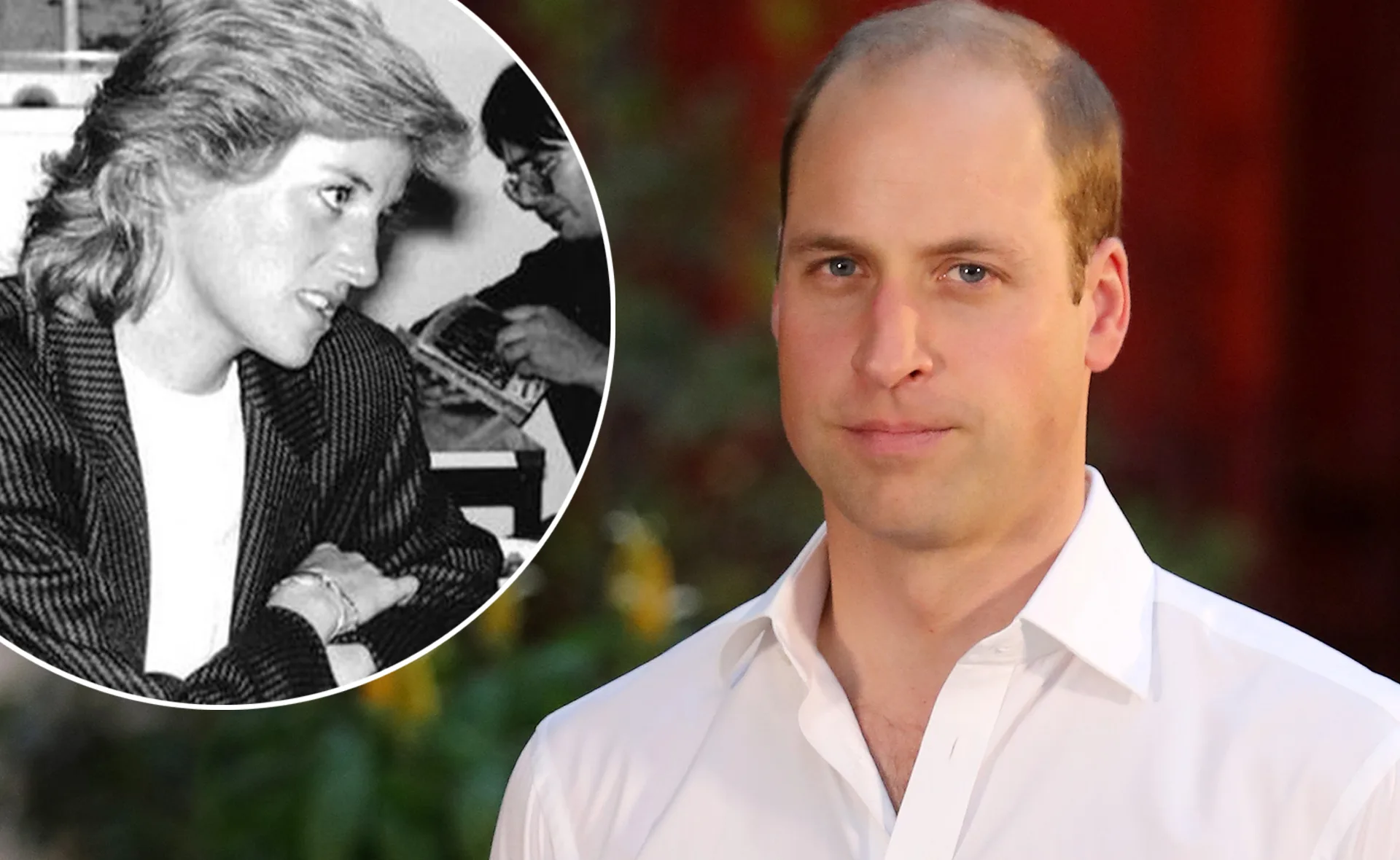 Royal figure in white shirt with inset black-and-white of another royal at a table.