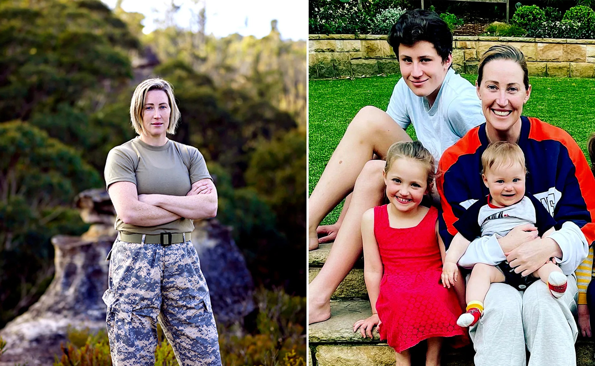"Person in army attire outdoors; alongside, a smiling family of four seated on steps in a garden setting."