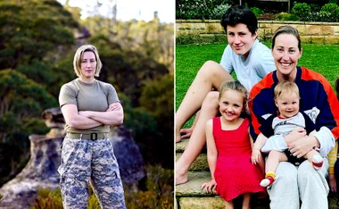 "Person in army attire outdoors; alongside, a smiling family of four seated on steps in a garden setting."