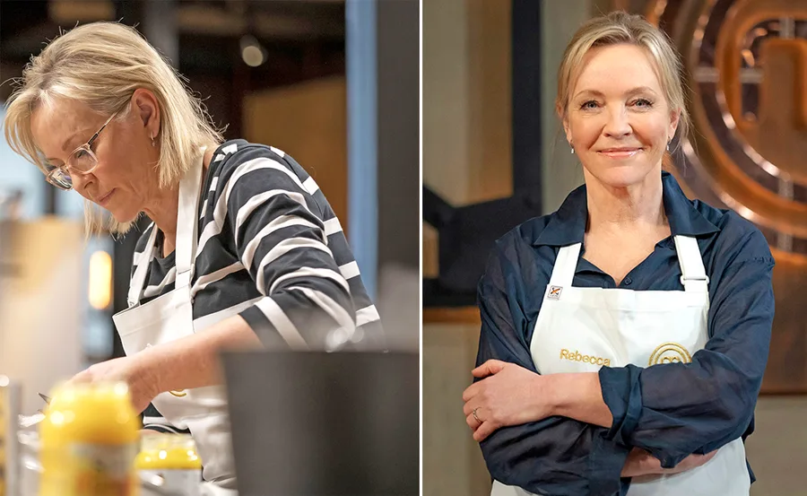 "Rebecca Gibney cooking on Celebrity MasterChef Australia, wearing a striped shirt and apron in a kitchen setting."