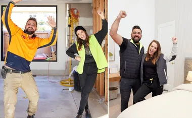 Two people in construction gear celebrating in a home setting.