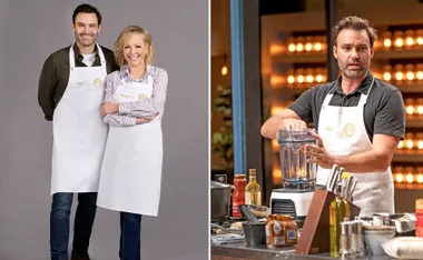 Matthew Le Nevez and Rebecca Gibney in MasterChef aprons; Matthew using a blender on set.