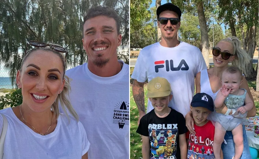 Man and woman smiling outdoors; family with three kids under trees in a park.