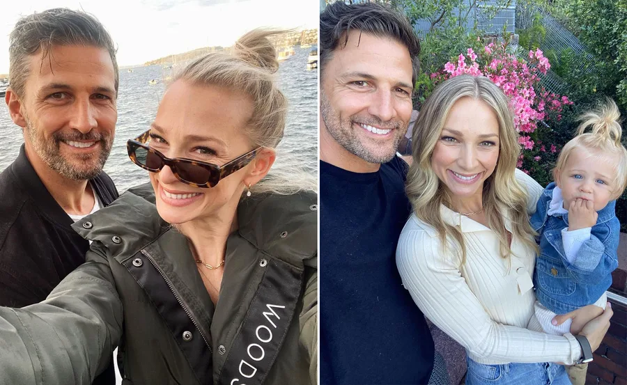 Couple smiling by the water on the left; same couple with a child in a garden on the right.