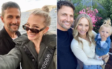 Couple smiling by the water on the left; same couple with a child in a garden on the right.