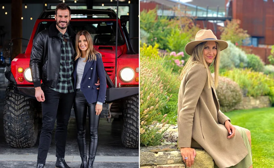 Couple posing by a red vehicle; woman sitting outdoors in a garden wearing a beige coat and hat.