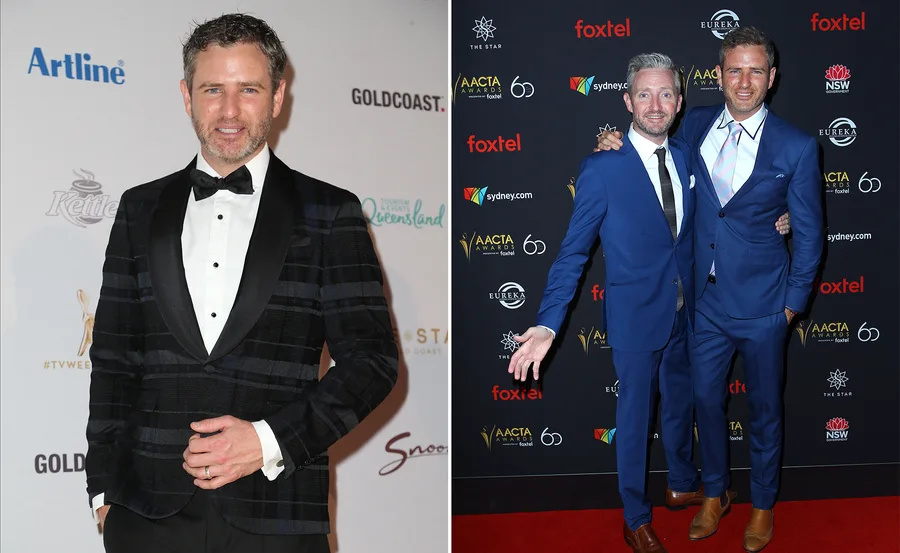 "Two images: man in tuxedo at event; two men in blue suits on red carpet embracing."