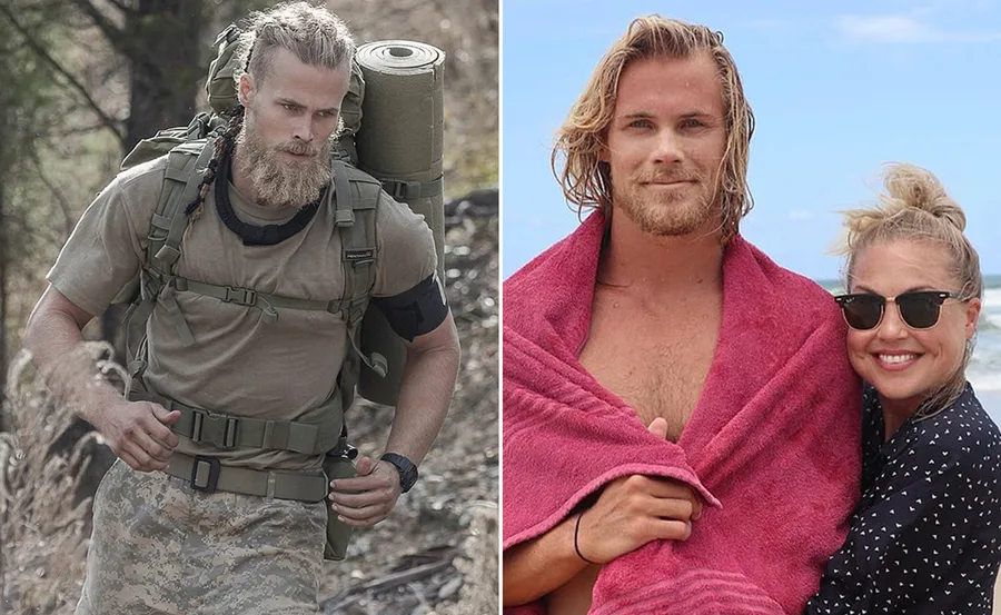 Left: Man in military gear hiking. Right: Man wrapped in a towel at the beach with a woman wearing sunglasses.