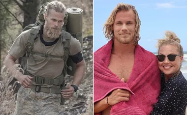 Left: Man in military gear hiking. Right: Man wrapped in a towel at the beach with a woman wearing sunglasses.
