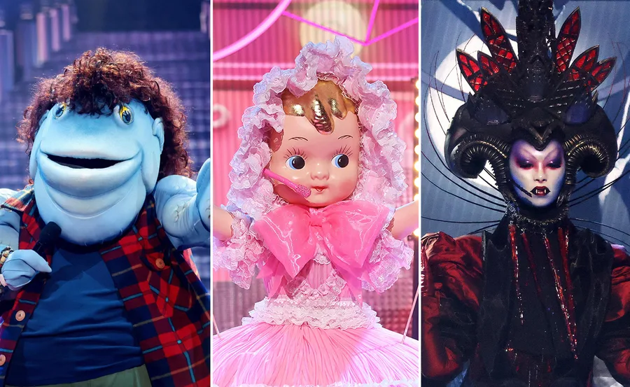 Three colorful characters from The Masked Singer Australia 2021 finale: a blue fish, a pink doll, and a vampire in red.