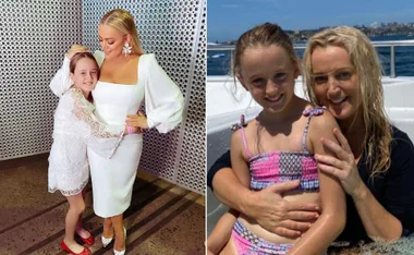 A woman in white poses with a young girl; another shot shows them smiling on a boat.