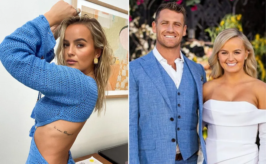 Woman in blue knit top poses; couple in formal attire smiling outdoors.