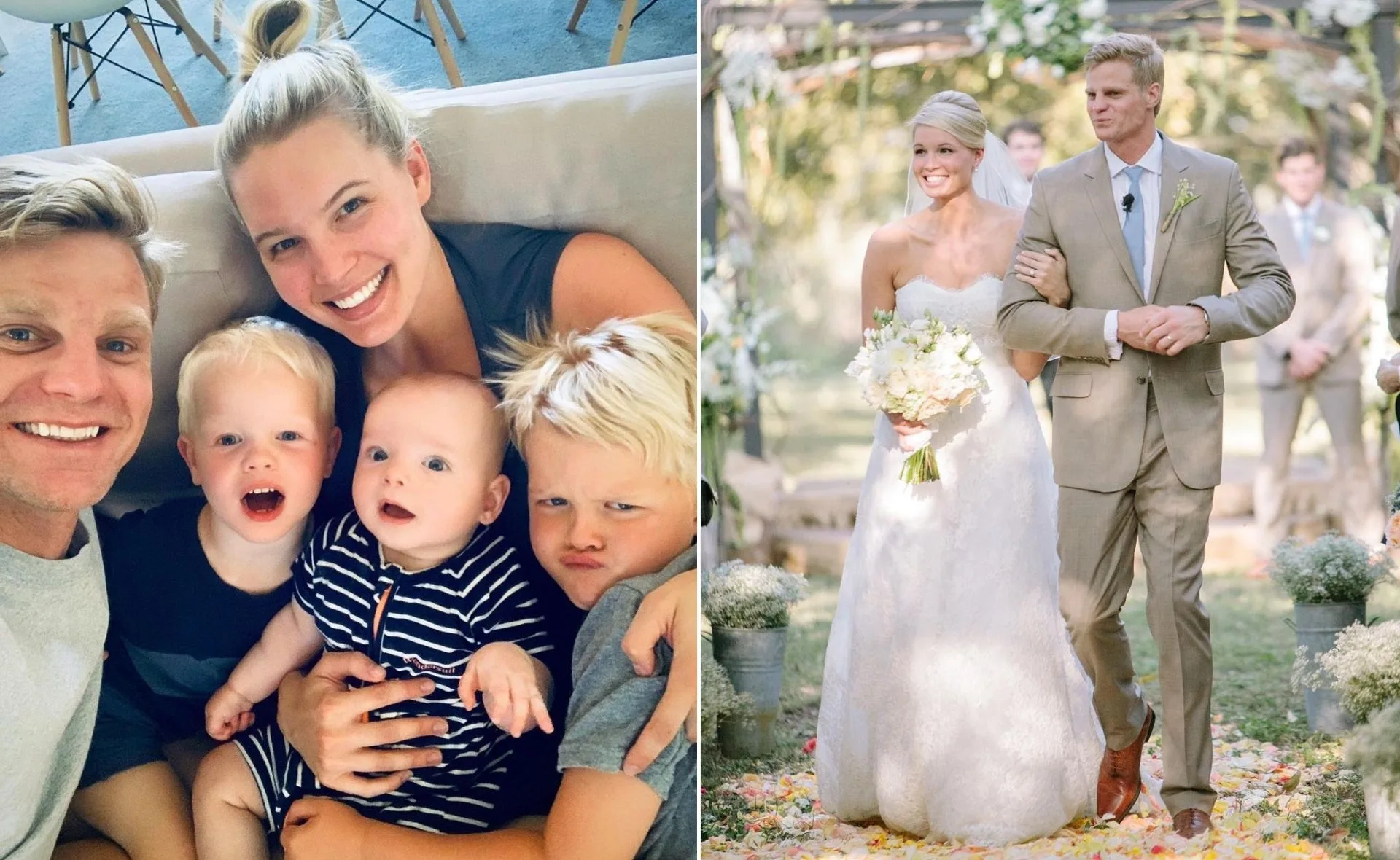 "Family selfie with children on couch; wedding couple walking arm in arm outdoors, bride holding bouquet."