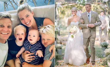 "Family selfie with children on couch; wedding couple walking arm in arm outdoors, bride holding bouquet."