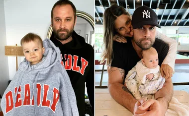 Father with beard holding baby in oversized hoodie; family with woman embracing and baby.