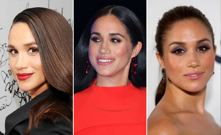 Three images featuring Meghan Markle with distinct makeup styles, including a red outfit and vibrant eyeshadow.