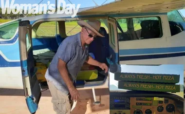Man packing pizzas into a small airplane, with boxes labeled "ALWAYS FRESH - HOT PIZZA"; text "Woman's Day" visible.