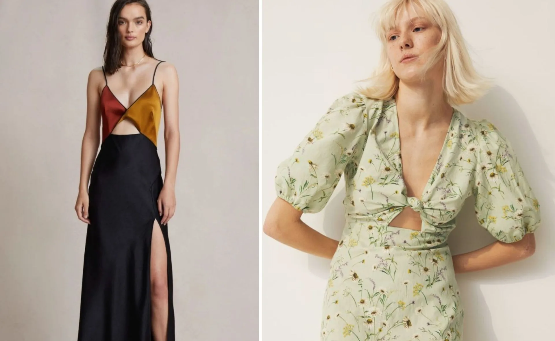 Models in stylish wedding guest dresses; one in color-block satin, the other in floral print with puff sleeves.