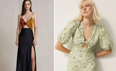 Models in stylish wedding guest dresses; one in color-block satin, the other in floral print with puff sleeves.
